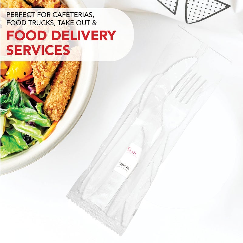 Party Essentials Individually Wrapped Plastic Cutlery Packets/Silverware Kits  White Fork/Spoon/Knife/Napkin/Salt/Pepper  100 Sets - Image 4
