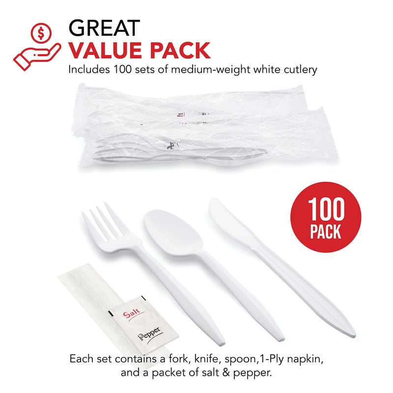 Party Essentials Individually Wrapped Plastic Cutlery Packets/Silverware Kits  White Fork/Spoon/Knife/Napkin/Salt/Pepper  100 Sets - Image 1