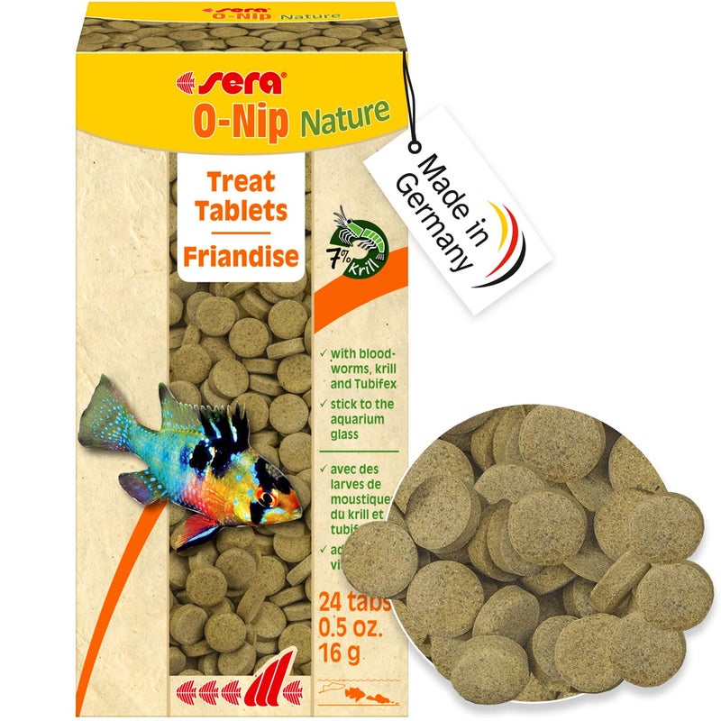 Sera O-Nip Nature 24 Tabs 0.6 oz | Complete Feed for All Ornamental Fish | Adhesive Tablets Stick to The Aquarium Glass | High Protein | No Dyes & Preservatives | with Bloodworms, Krill & Tubifex - Image 1
