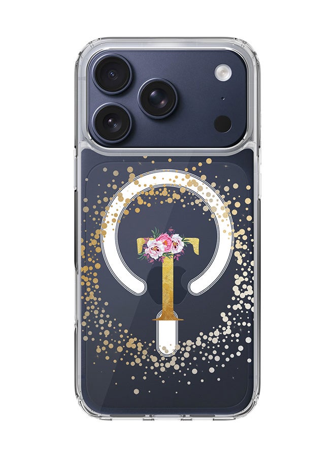 Stylizedd Classic Clear MagSafe Case for iPhone 17 Pro , Hybrid Soft Case Flexible Edges Anti Drop TPU PC Gel Thin Transparent Cover [ Designed for iPhone 17 Pro ] - Custom Monogram Initial Letter Floral Pattern Alphabet - T  (Clear )