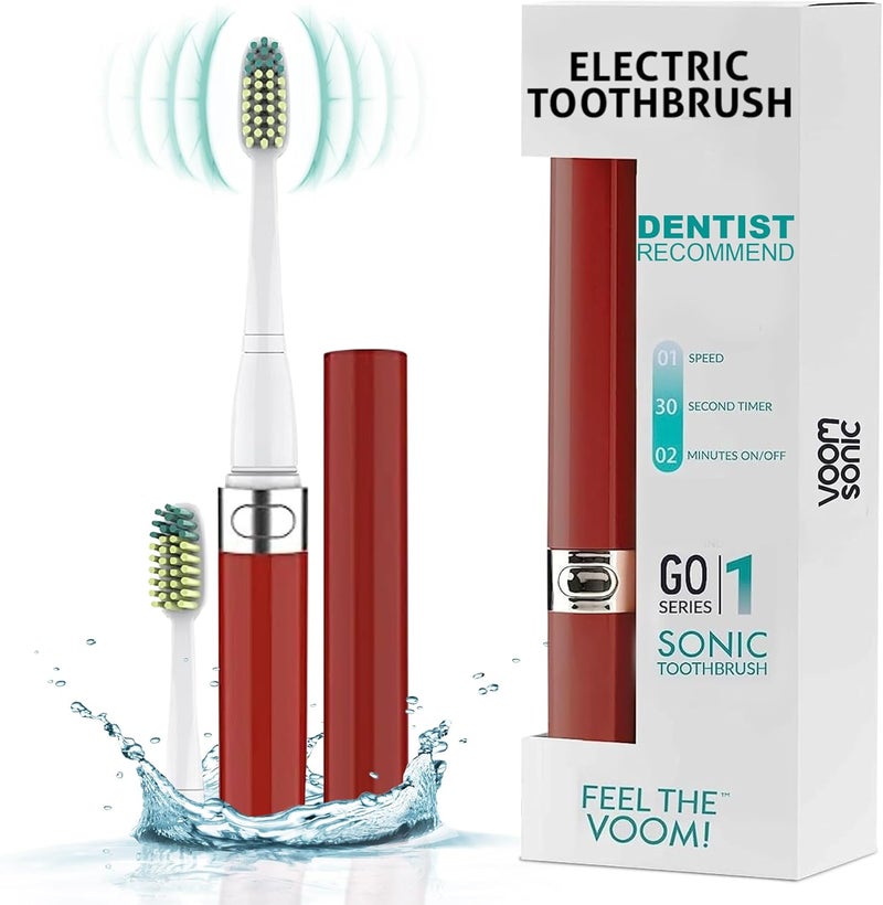 VOOM SONIC Go 1 Series Travel Electric Toothbrush Travel Toothbrushes - Battery Operated Toothbrush for Adults & Kids, Dentist Recommended Toothbrush, Portable with 2 Minute Timer (Metallic Red) - Image 1