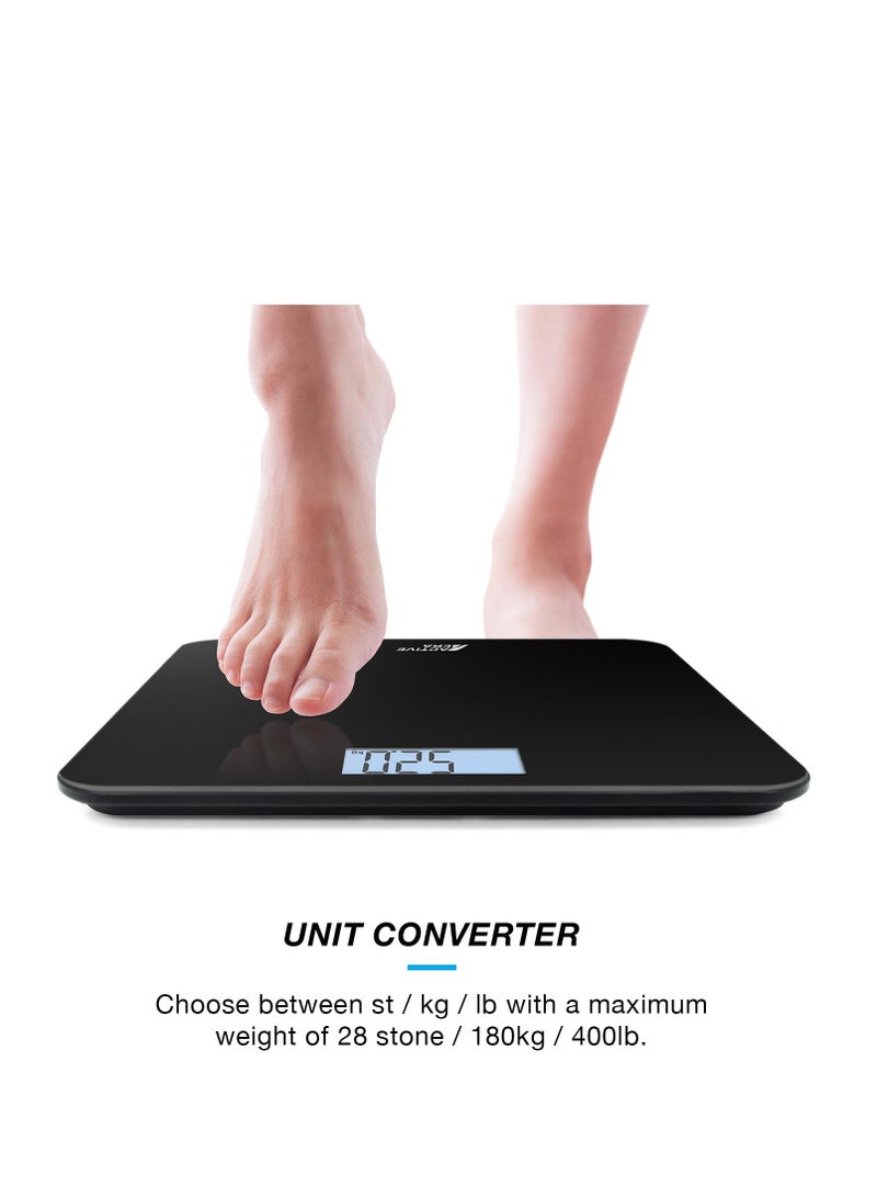ACTIVE ERA Active Era Weight Scales - Ultra Slim Digital & Compact Bathroom Scale for Body Weight with Tempered Glass, Backlit Display & High Precision Sensors for Accurate Weighing (Stone/kgs/lbs) - Gloss Black  - Image 4