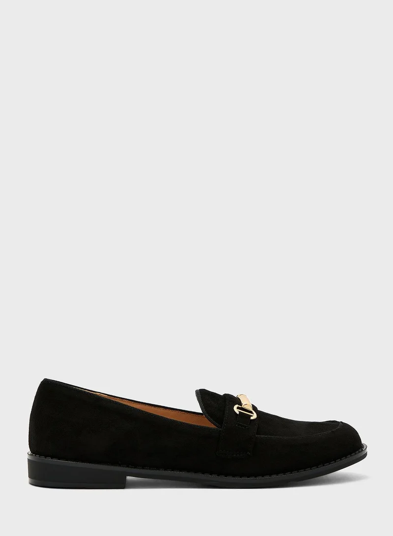 Truffle Faux Suede Loafer With Chain Detail In Black