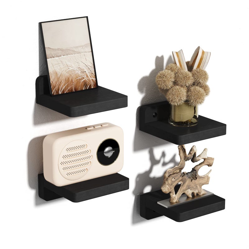 SRIWATANA Small Floating Shelves for Wall Set of 4 Decorative Wooden Shelves Wall Mounted for Bedroom Living Room Bathroom Kitchen 102 x 102 x 4 cm Black