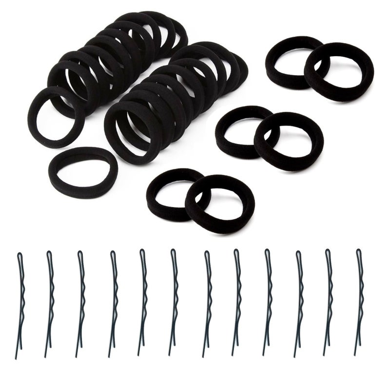 OUT OF BOX Kelley 30 Piece Black Ribbed Elastic Wide Ponytail Holder Hair Rubber Band And 12 Piece BOB Hair Pins - Image 4