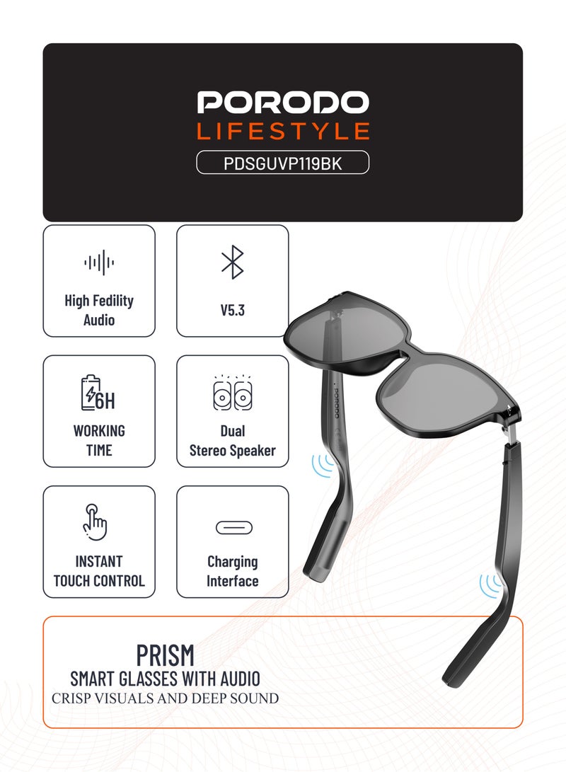 porodo Lifestyle PRISM Smart Glasses with Audio Dual 110mAh Battery / Dual Stereo Speaker / UV400 / Music Playback / Hands-Free Calling / Answer/Reject Call / High Fidelity Audio - Black - Image 2