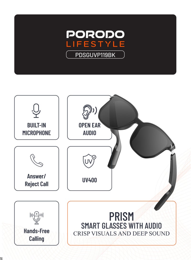 porodo Lifestyle PRISM Smart Glasses with Audio Dual 110mAh Battery / Dual Stereo Speaker / UV400 / Music Playback / Hands-Free Calling / Answer/Reject Call / High Fidelity Audio - Black - Image 3