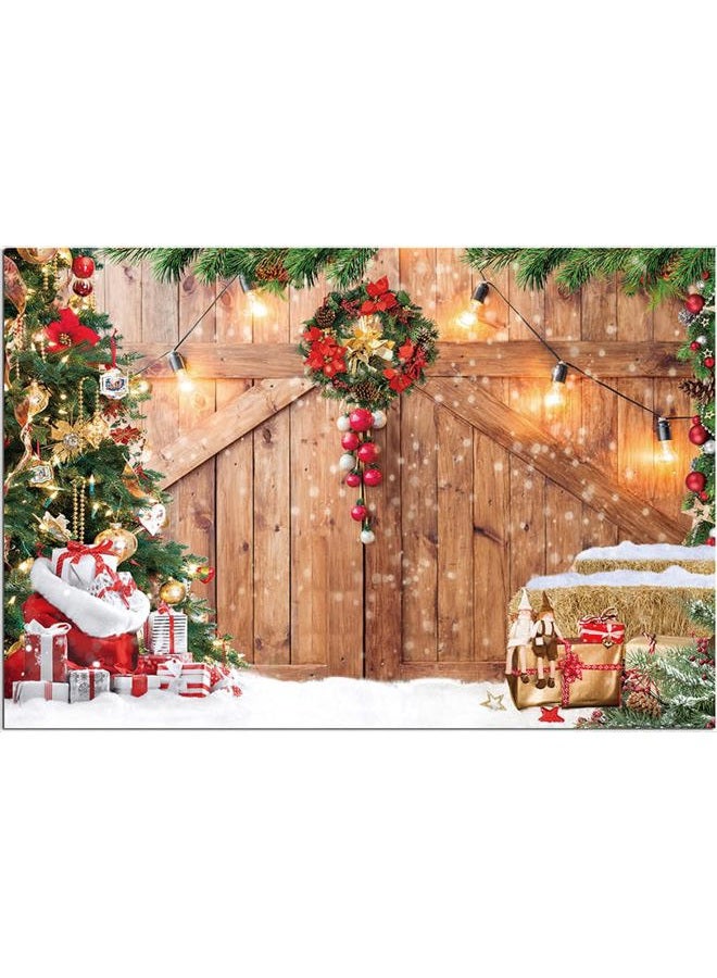 Dudaacvt 7X5FT Christmas Photography Backdrop Christmas Rustic Barn Wood Door Backdrop Xmas Tree Snow Gift Kids Adult Family Party Baby Shower Decoration Background D609 - Image 1