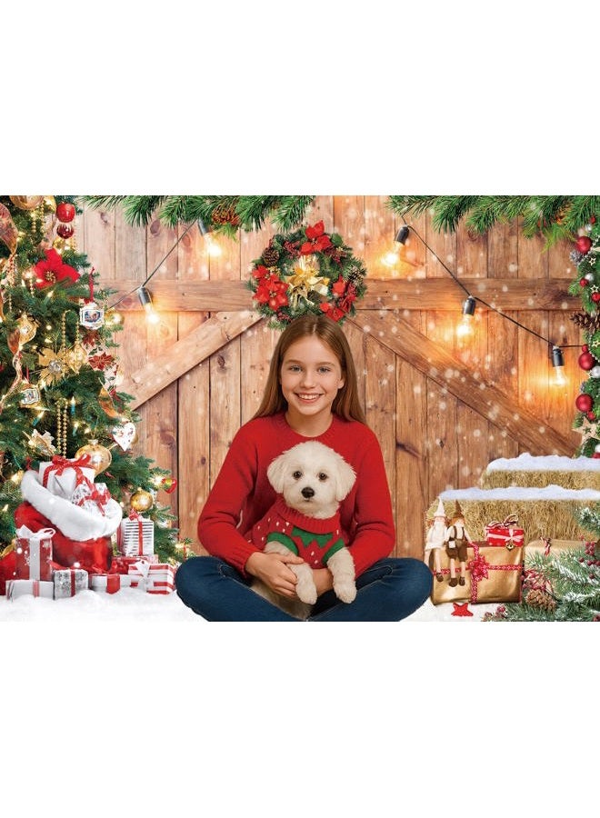 Dudaacvt 7X5FT Christmas Photography Backdrop Christmas Rustic Barn Wood Door Backdrop Xmas Tree Snow Gift Kids Adult Family Party Baby Shower Decoration Background D609 - Image 2
