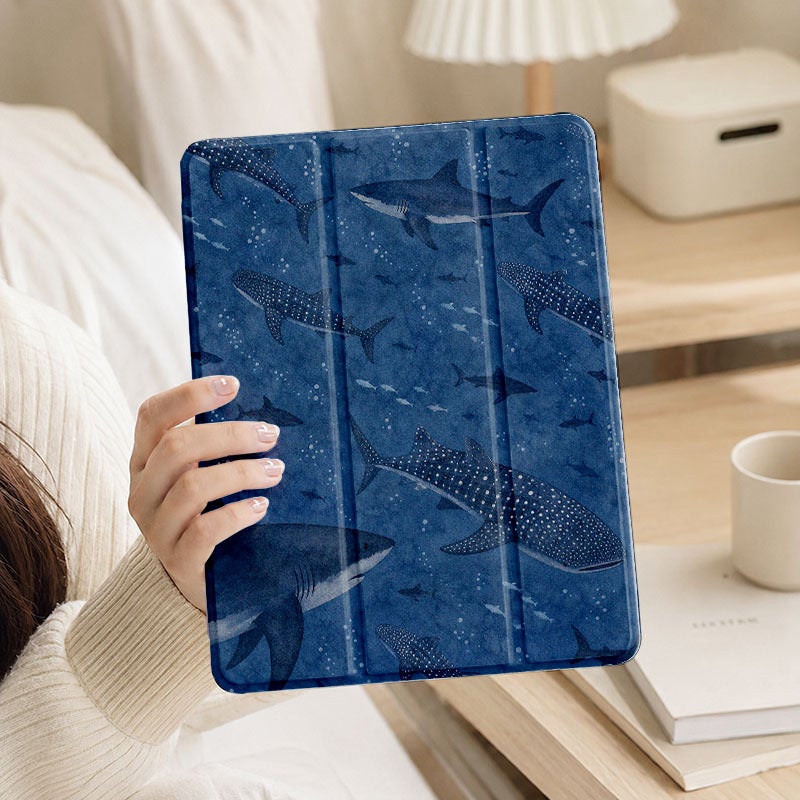 Tablet Case for iPad, Blue Whale Shark Ocean Toss, iPad Slim Case for Mini Air Pro 4 5 6 7 8 9 10 11 12, Compatible with 7.9 8.3 9.7 10.2 10.5 10.9 11 12.9 13 inch Clear Slim Shockproof Cover with Stand for Women - Image 1