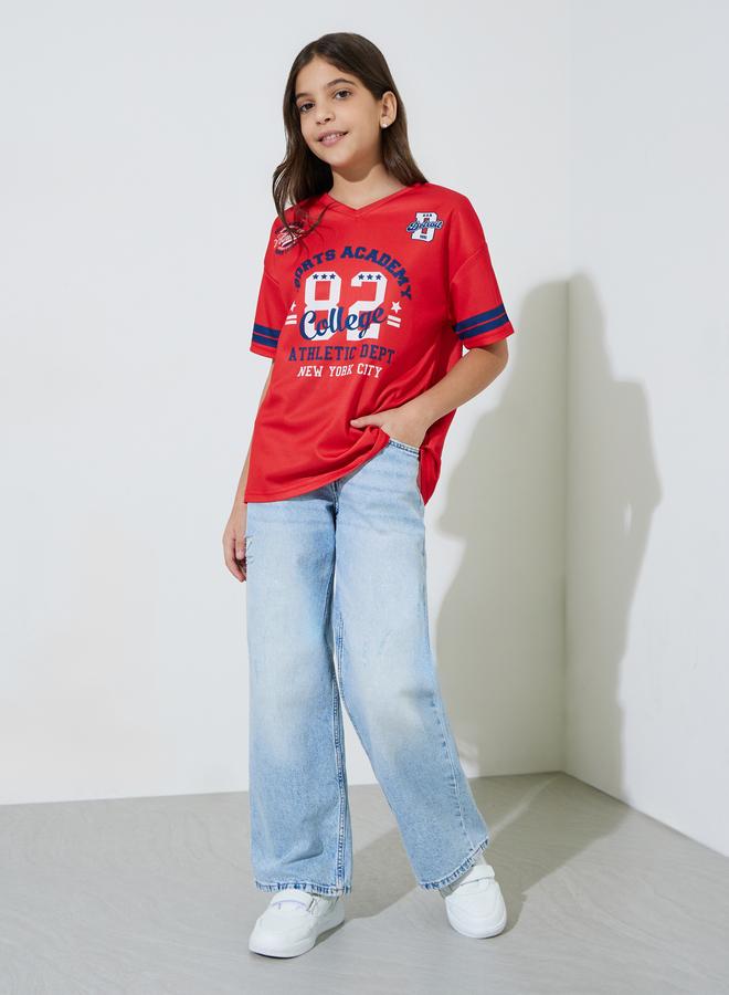 Styli Teen Girls Red Graphic Print V-Neck Oversized T-Shirt - Image 2