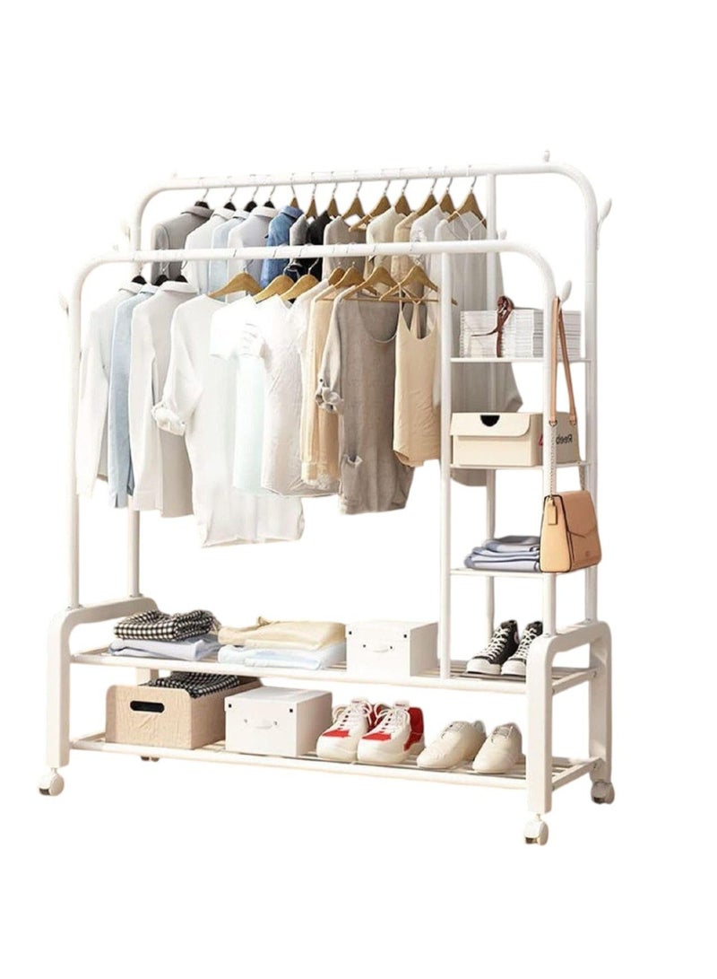 Spaceshoop Metal Double Rod Clothing Rack for Space Saving, Garment with Bottom 2 Shelf and Side 4 Shelves, Portable Closets for Hanging Clothes, 4 Hooks (White)  - Image 1