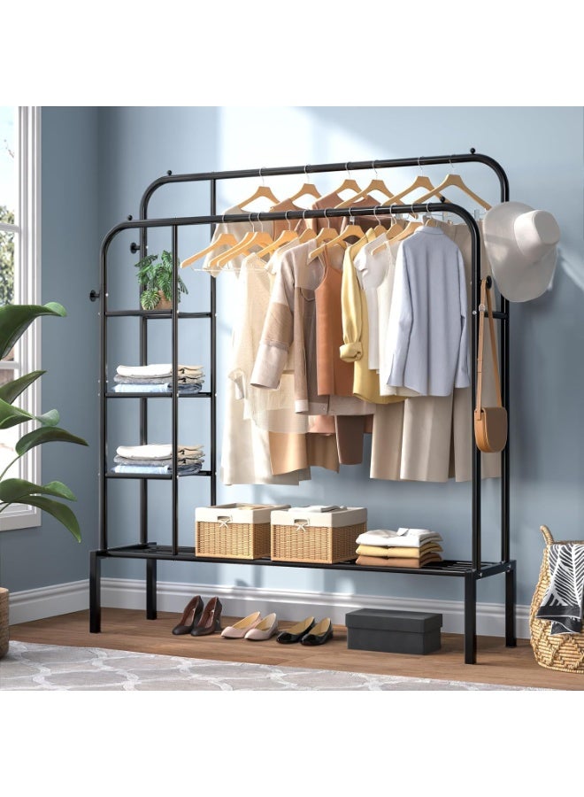Spaceshoop Metal Double Rod Clothing Rack for Space Saving, Garment with Bottom 2 Shelf and Side 4 Shelves, Portable Closets for Hanging Clothes, 4 Hooks (White)  - Image 3