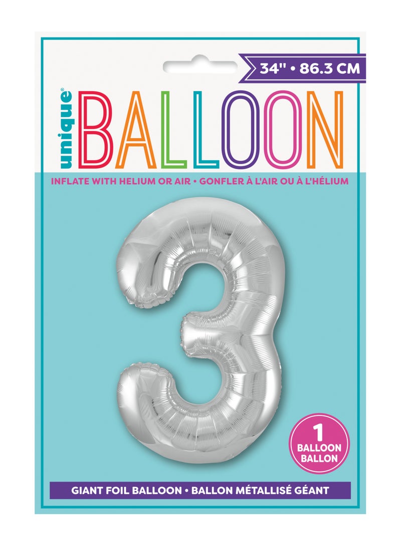 Unique 34" Silver Foil Number 3 Balloon - Image 3