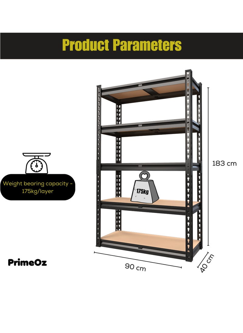 PrimeOz 5-Tier Shelf(183x90x40cm, 175kg/Layer) Black Steel Frames With MDF Board – Versatile for Home, Garage, Office & Warehouse  - Image 2
