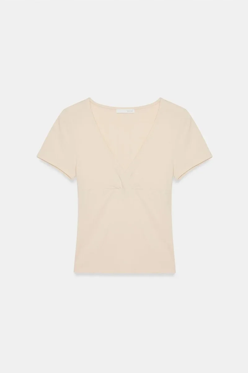 Dilvin Beige Natural DILVIN Fitted V-Neck Short-Sleeve T-Shirt for Women | Best Price UAE