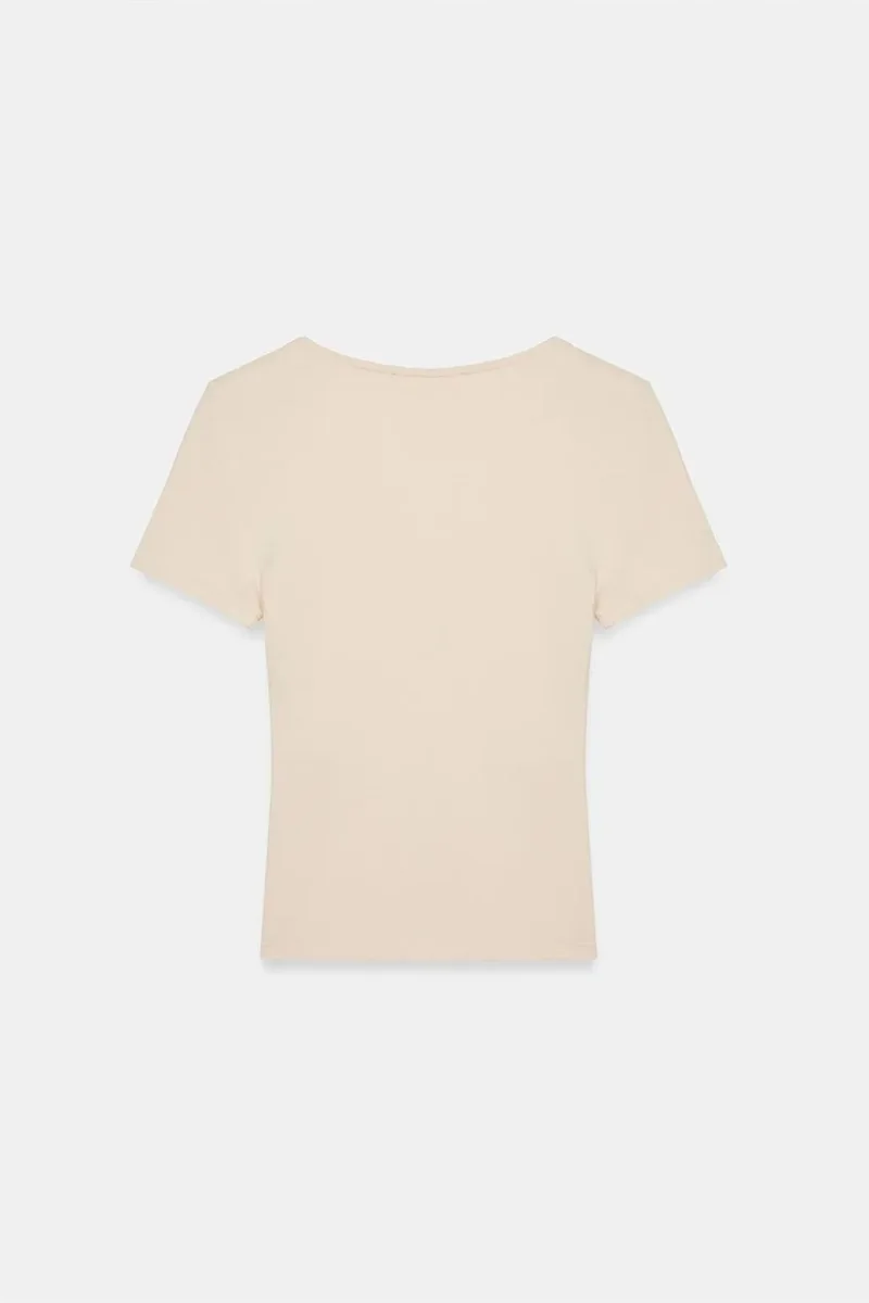 Dilvin Beige Natural DILVIN Fitted V-Neck Short-Sleeve T-Shirt for Women | Best Price UAE