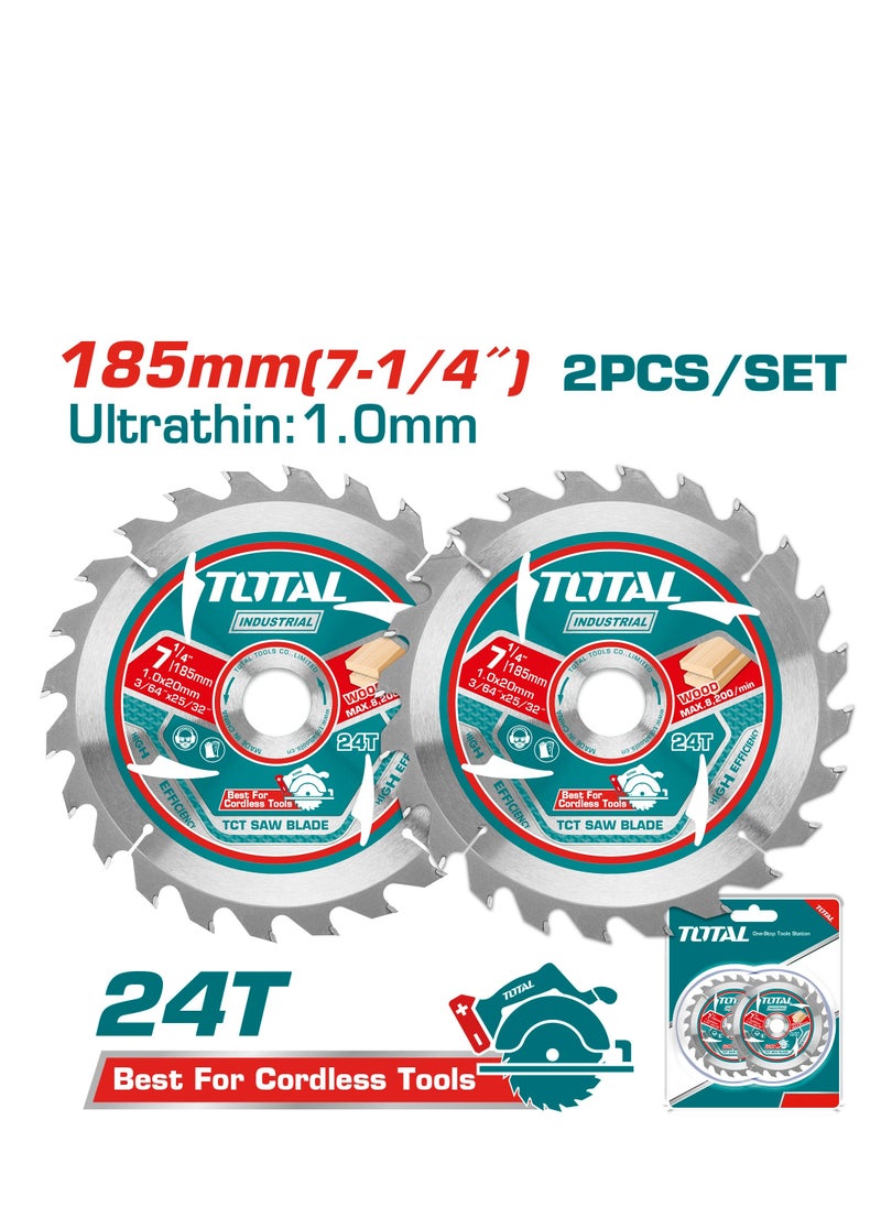 TOTAL Super Total Ultra-Thin 185mm (7-1/4") TCT Saw Blade Set| Saw web, Circular Saw Blade - 2 Pcs, 24 Teeth, 20mm Arbor, Ideal for Lithium-Ion Circular Saws, Perfect for Wood Cutting  - Image 1