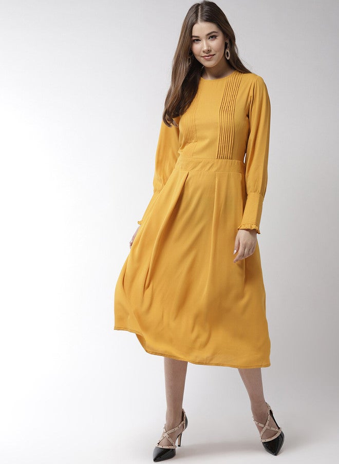 StyleStone فستان ميدي A-Line أصفر سادة من ستايل ستون للنساء - Image 1