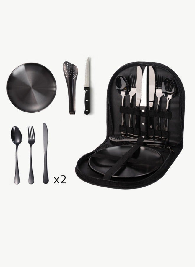 M MIAOYAN Outdoor travel stainless steel cutlery camping picnic barbecue plate clip steak knife fork spoon set portable storage bag  - Image 1