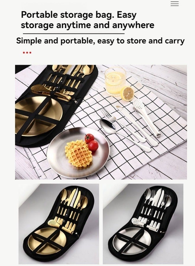 M MIAOYAN Outdoor travel stainless steel cutlery camping picnic barbecue plate clip steak knife fork spoon set portable storage bag  - Image 5