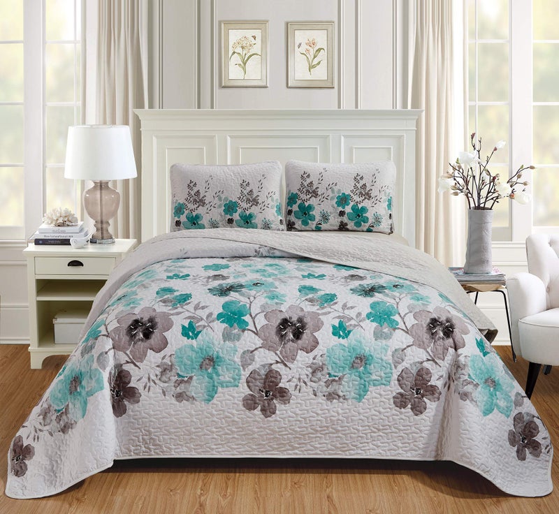 Home Collection 3pc Full/Queen Over Size Bedspread Floral Turquoise Brown Flowers Print 100" X95" New - Image 1
