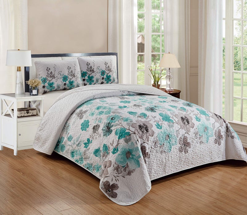 Home Collection 3pc Full/Queen Over Size Bedspread Floral Turquoise Brown Flowers Print 100" X95" New - Image 2