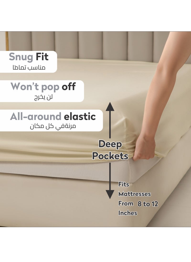 Donetella Bedding Fitted Sheet 2-Pcs Twin Size Solid Bed Sheet Set Fits(120x200CM) With Pillowcases And 30 CM Extra Deep Brushed Microfiber Bed Sheet,Beige  - Image 2
