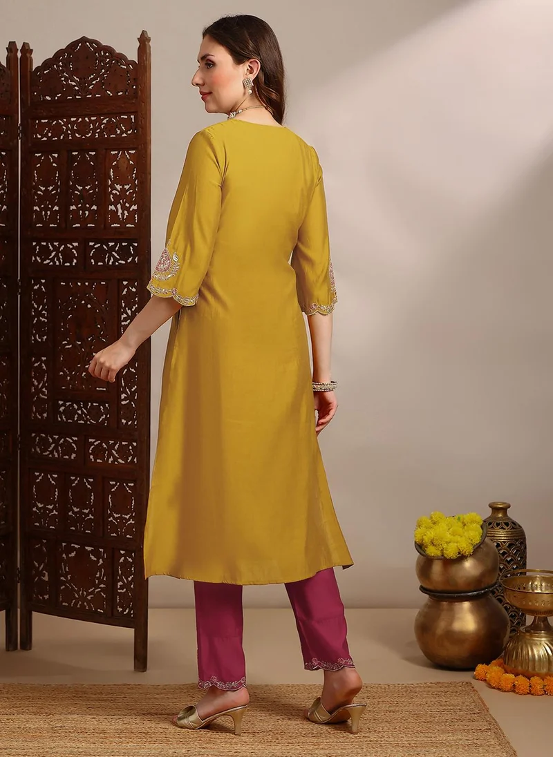 globus Globus Women Yellow Zari Embroidered Yoke V-Neck Scalloped Bell Sleeves Straight Kurta With Pants Festive Set