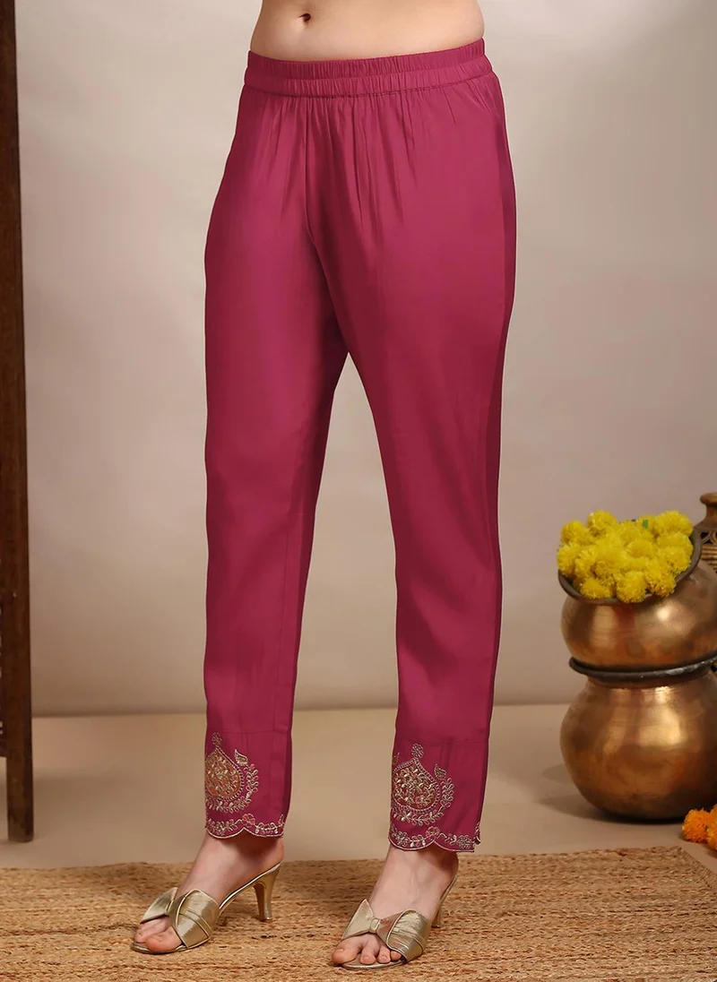 globus Globus Women Yellow Zari Embroidered Yoke V-Neck Scalloped Bell Sleeves Straight Kurta With Pants Festive Set