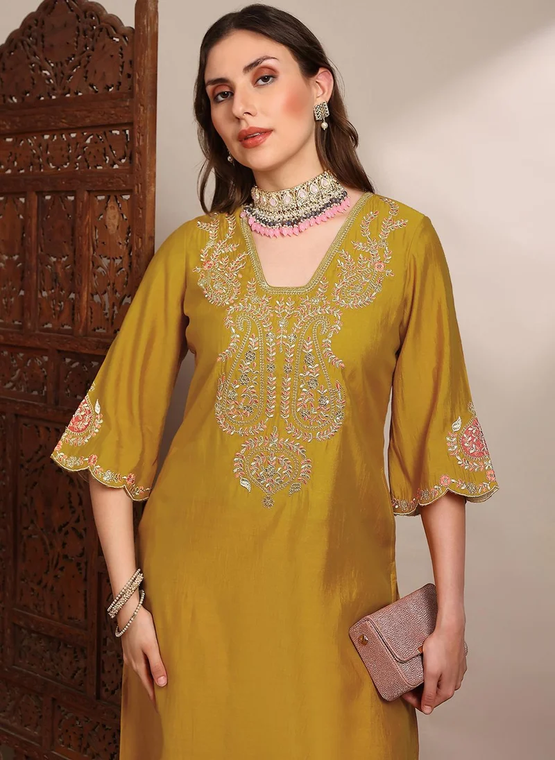 globus Globus Women Yellow Zari Embroidered Yoke V-Neck Scalloped Bell Sleeves Straight Kurta With Pants Festive Set
