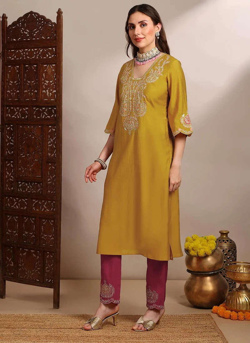 globus Globus Women Yellow Zari Embroidered Yoke V-Neck Scalloped Bell Sleeves Straight Kurta With Pants Festive Set