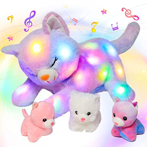 Hopearl LED Musical Stuffed Cat Lighting Up Singing Plush Toy Playset Mommy Cat with 3 Baby Kittens in her Tummy Lullaby Animated Soothe for Mom Kids Toddler Girls, Rainbow, 18'' - Image 1