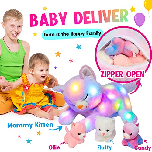 Hopearl LED Musical Stuffed Cat Lighting Up Singing Plush Toy Playset Mommy Cat with 3 Baby Kittens in her Tummy Lullaby Animated Soothe for Mom Kids Toddler Girls, Rainbow, 18'' - Image 5