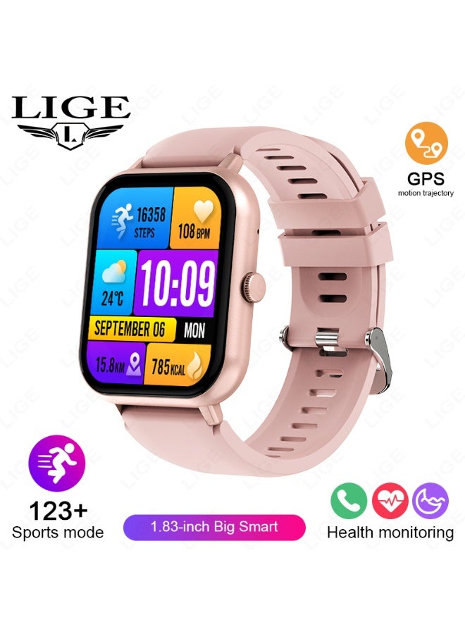 LIGE 1.83-inch Mens Square Pink Strap Smartwatch, Multi-functional, Waterproof, Pedometer, Alarm clock, Wireless calling, Health monitoring, and Message Push Notifications.