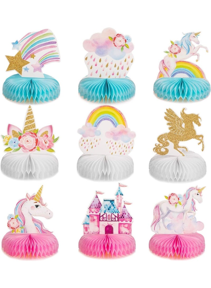 9 Pcs Rainbow Unicorn Honeycomb Centerpiece Table Decorations, Unicorn Theme Table Toppers for Kids Birthday Party, Baby Shower, Family Events, Double-Sided Cardstock Table Decor - Image 1