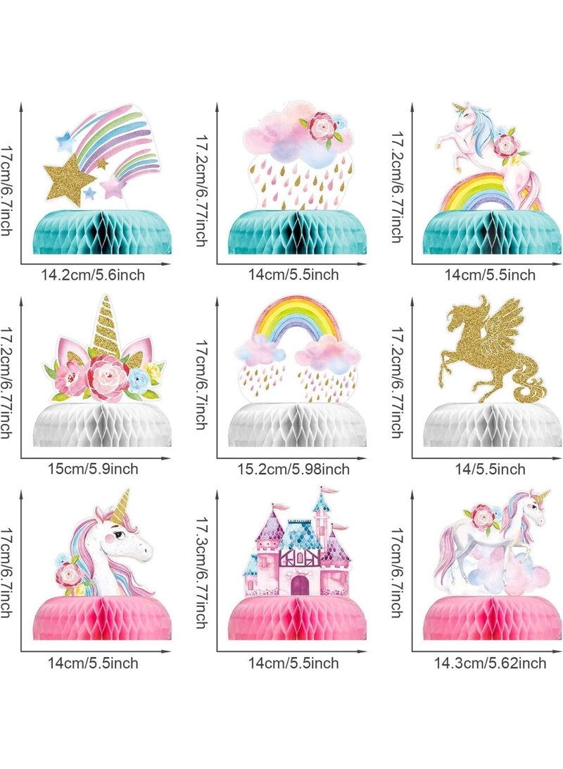 9 Pcs Rainbow Unicorn Honeycomb Centerpiece Table Decorations, Unicorn Theme Table Toppers for Kids Birthday Party, Baby Shower, Family Events, Double-Sided Cardstock Table Decor - Image 2