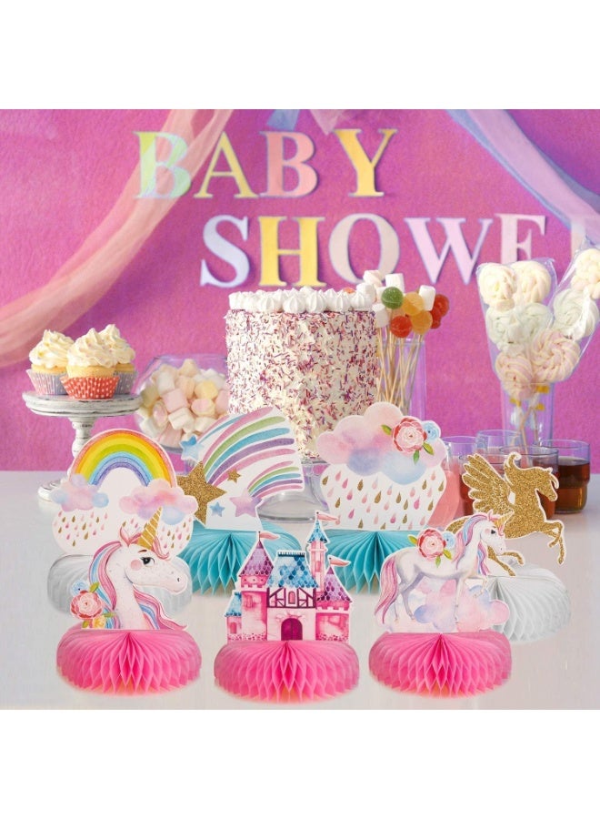 9 Pcs Rainbow Unicorn Honeycomb Centerpiece Table Decorations, Unicorn Theme Table Toppers for Kids Birthday Party, Baby Shower, Family Events, Double-Sided Cardstock Table Decor - Image 5