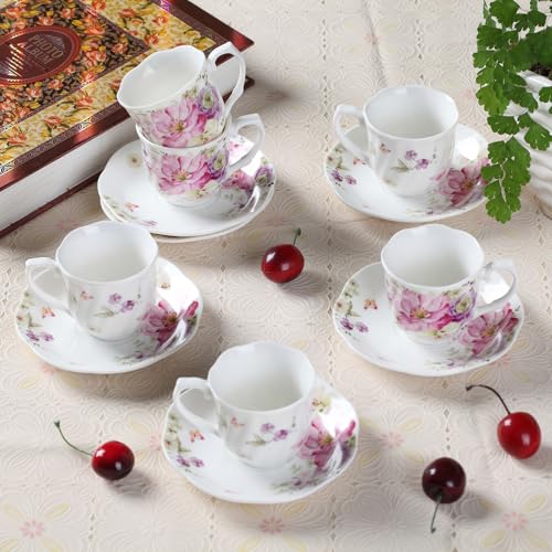GuangYang 12 Pieces (Tiny Style) Espresso Cups and Saucers，2.5 ounce/80ml，Set of 6,Mini Premium Porcelain Coffee Cup Set, Fancy Flower Pattern Design - Image 2