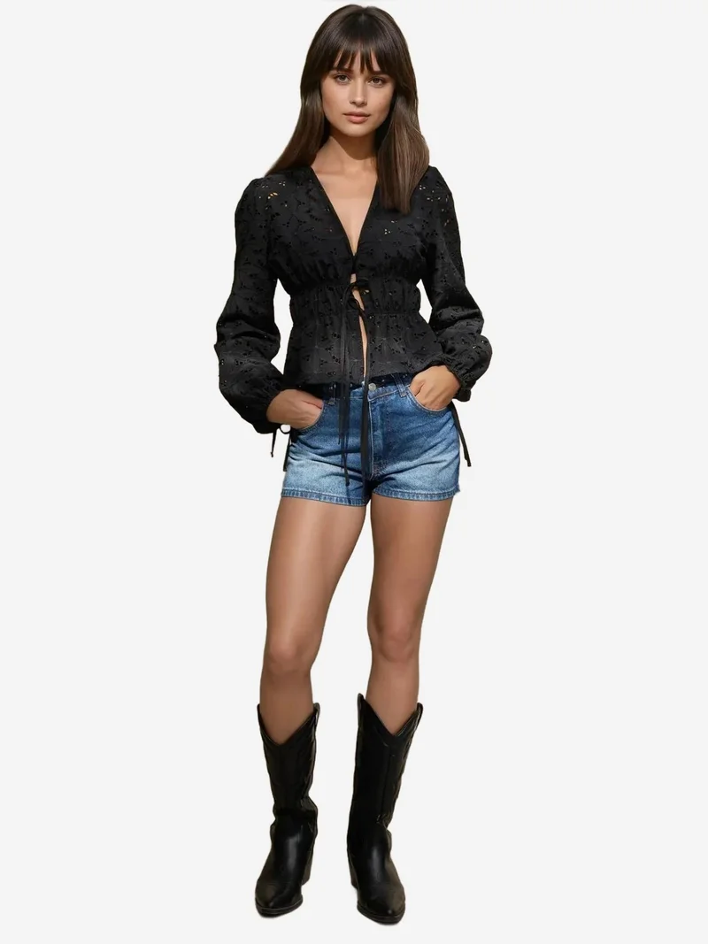 زوبعة بلوزة أنيقة بياقة على شكل حرف  وأكمام بالون