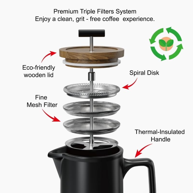 DHPO Ceramic French Press Coffee Maker, 22oz Single Serve Coffee Press with Walnut Wood Lid, Lead-Free, Food Grade Stainless Steel Filter with Dual Screen for Coffee and Loose Tea, Black - Image 5