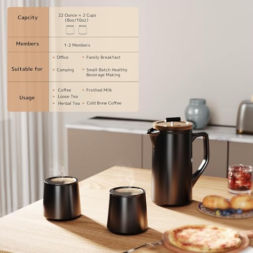DHPO Ceramic French Press Coffee Maker, 22oz Single Serve Coffee Press with Walnut Wood Lid, Lead-Free, Food Grade Stainless Steel Filter with Dual Screen for Coffee and Loose Tea, Black - Image 3