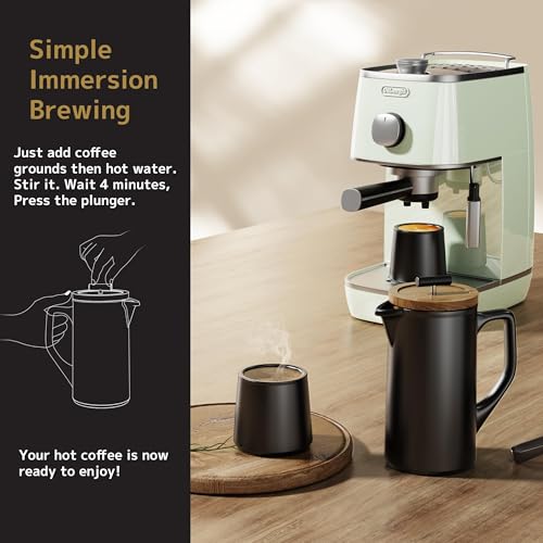 DHPO Ceramic French Press Coffee Maker, 22oz Single Serve Coffee Press with Walnut Wood Lid, Lead-Free, Food Grade Stainless Steel Filter with Dual Screen for Coffee and Loose Tea, Black - Image 2