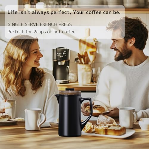 DHPO Ceramic French Press Coffee Maker, 22oz Single Serve Coffee Press with Walnut Wood Lid, Lead-Free, Food Grade Stainless Steel Filter with Dual Screen for Coffee and Loose Tea, Black - Image 4