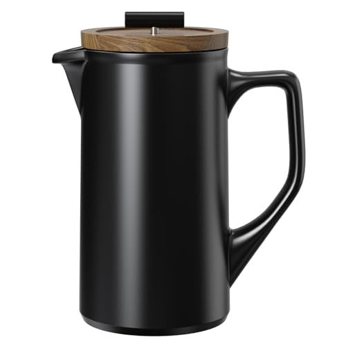 DHPO Ceramic French Press Coffee Maker, 22oz Single Serve Coffee Press with Walnut Wood Lid, Lead-Free, Food Grade Stainless Steel Filter with Dual Screen for Coffee and Loose Tea, Black - Image 1