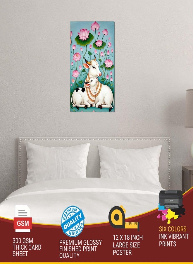 Roostaflag Kamadhenu Cow and Calf Wall Stickers | Pichwai Cow Posters for Wall | Aesthetic Kamdhenu Poster Cow Home Decor | Kamadhenu Wallpaper for Mandir | Devotional Vastu Posters for Room Decoration - Image 3