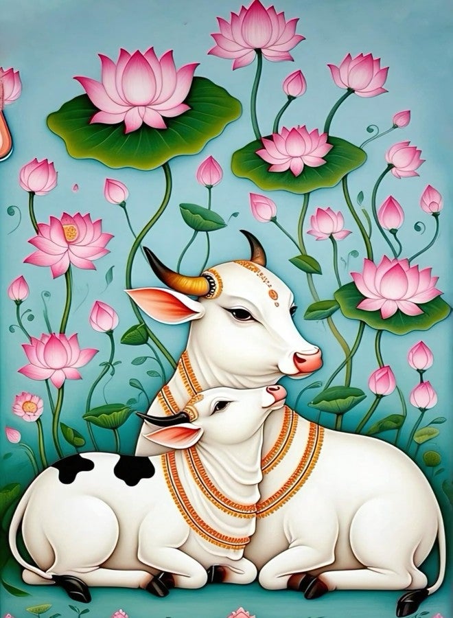 Roostaflag Kamadhenu Cow and Calf Wall Stickers | Pichwai Cow Posters for Wall | Aesthetic Kamdhenu Poster Cow Home Decor | Kamadhenu Wallpaper for Mandir | Devotional Vastu Posters for Room Decoration - Image 1
