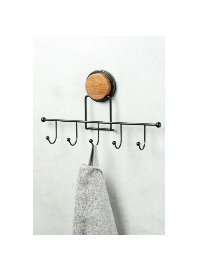 Okyanus No drill wall clothes hanger 5 hook adhesive rack wood & stainless steel rust resistant for bathroom kitchen entryway 31.5L × 6W × 18H cm black - Image 2