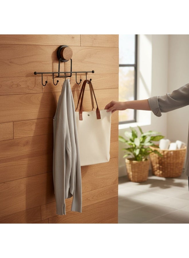 Okyanus No drill wall clothes hanger 5 hook adhesive rack wood & stainless steel rust resistant for bathroom kitchen entryway 31.5L × 6W × 18H cm black - Image 5