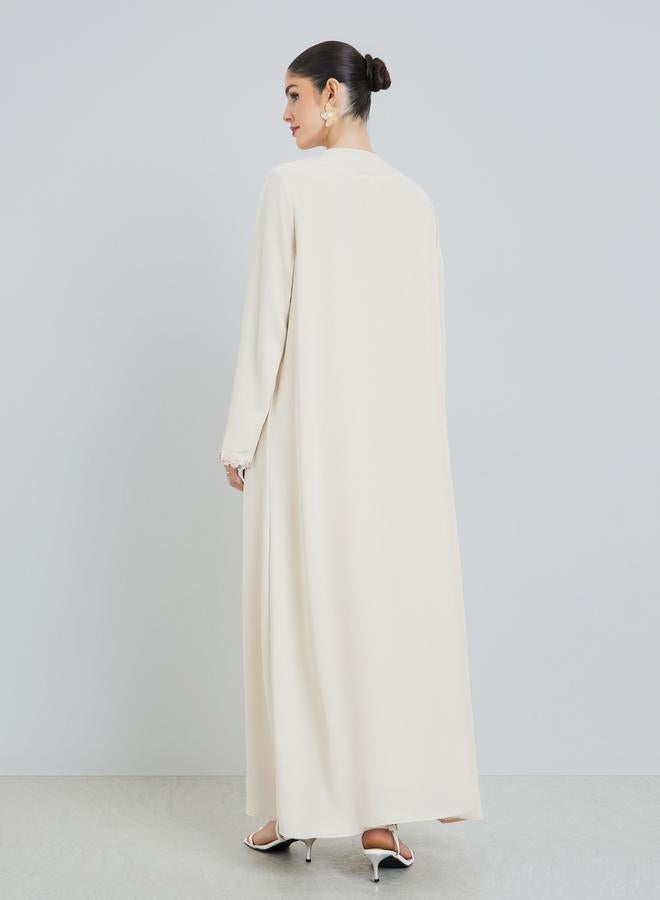 Amirah Cream Front Open Abaya with Floral Trim - Image 3